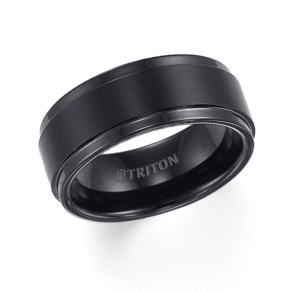 9MM Black Tungsten Carbide Ring - Brushed Finish and Step Edge