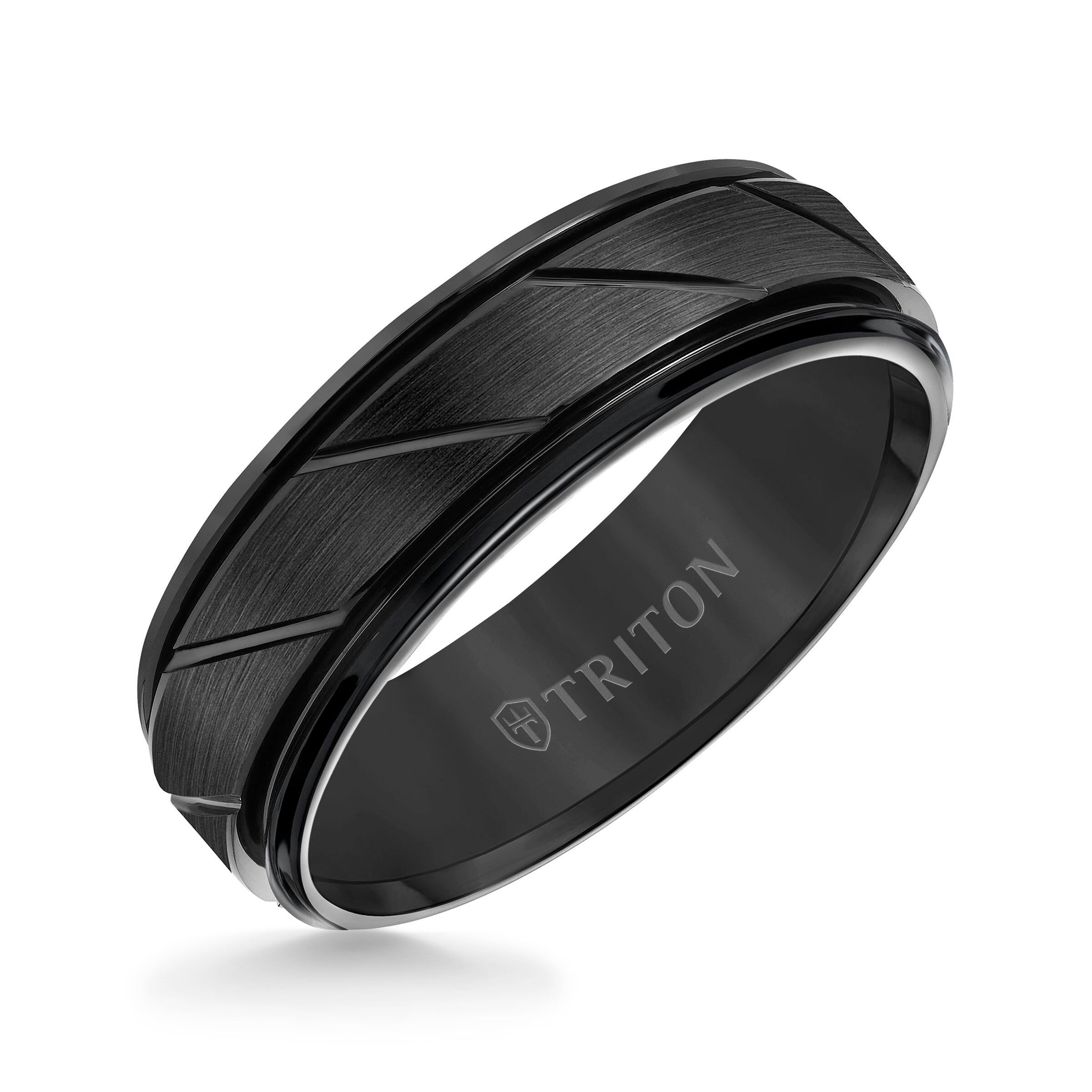 7MM Black Tungsten Carbide Ring - Diagonal Cut Center and Round Edge