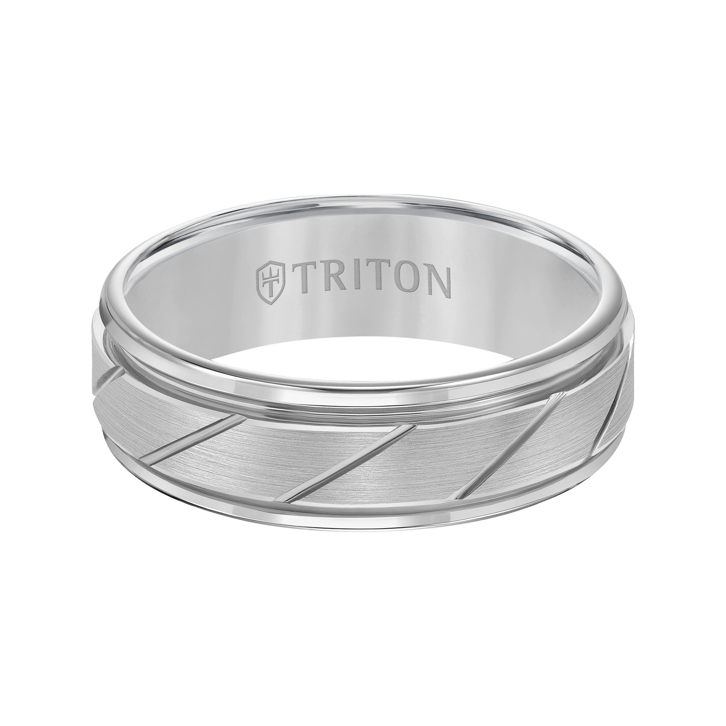 7MM Grey Tungsten Carbide Ring - Diagonal Cut Center and Round Edge