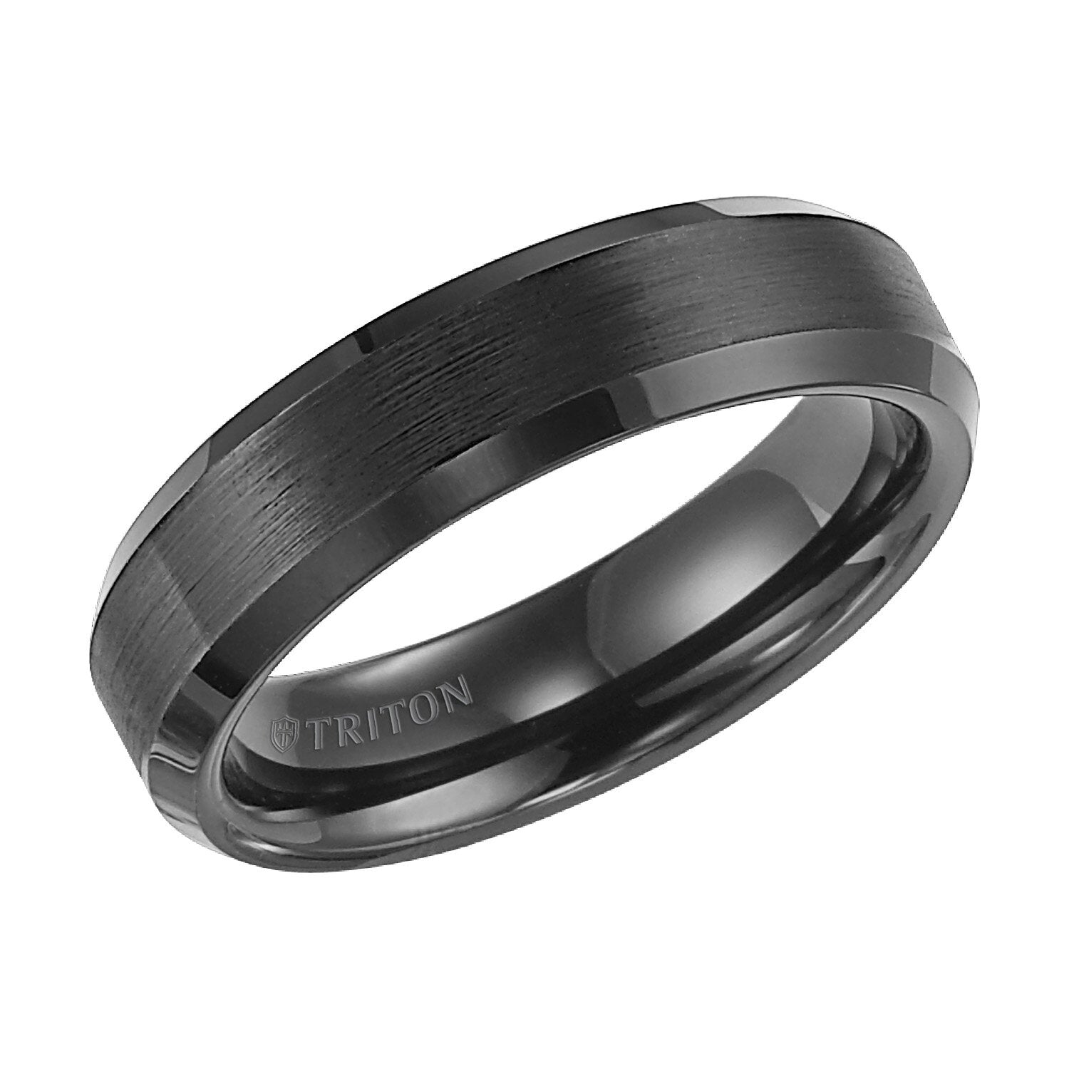 6MM Black Tungsten Carbide Ring - Satin Center and Bevel Edge
