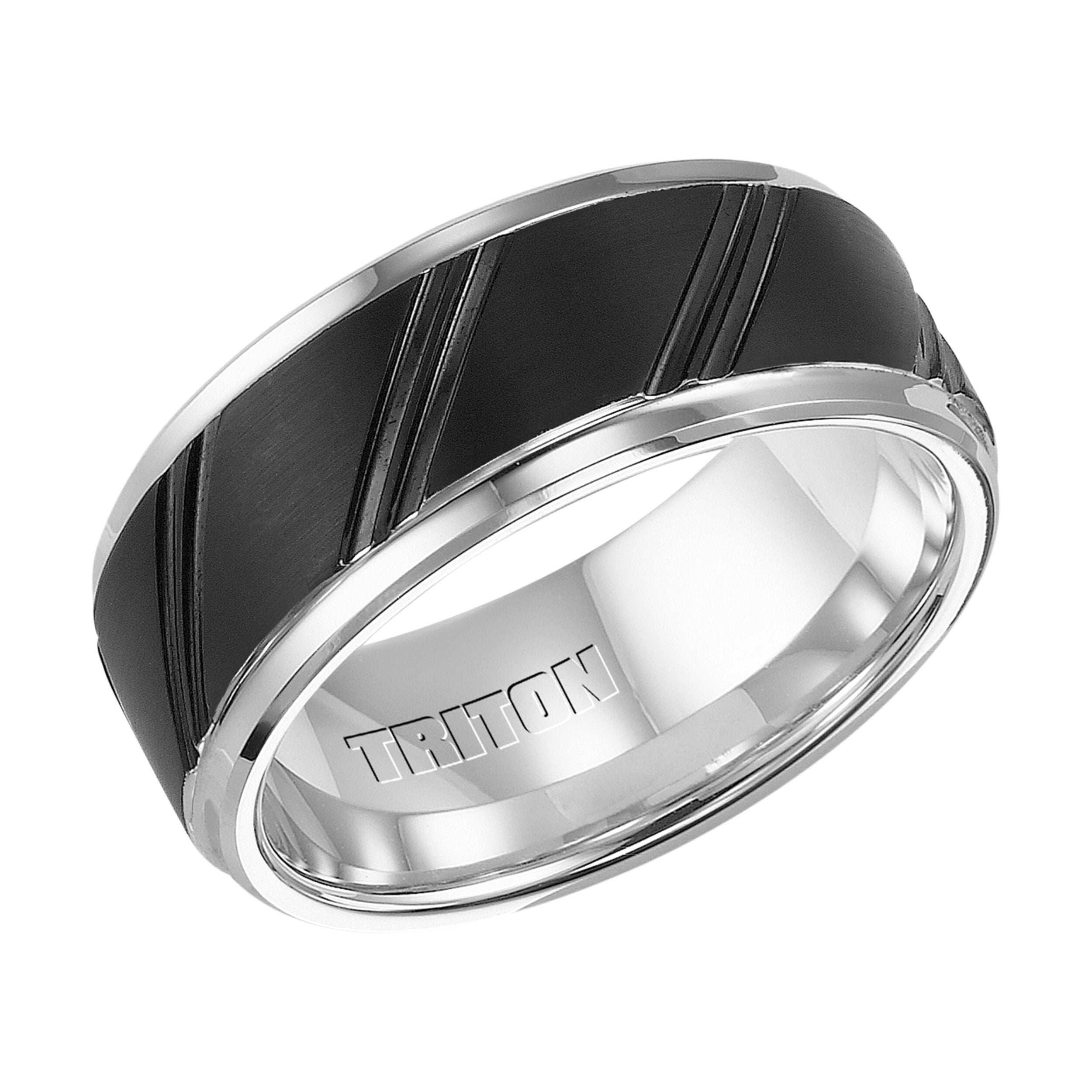9MM Black Tungsten Carbide Ring - Diagonal Cut Center and Bevel Edge