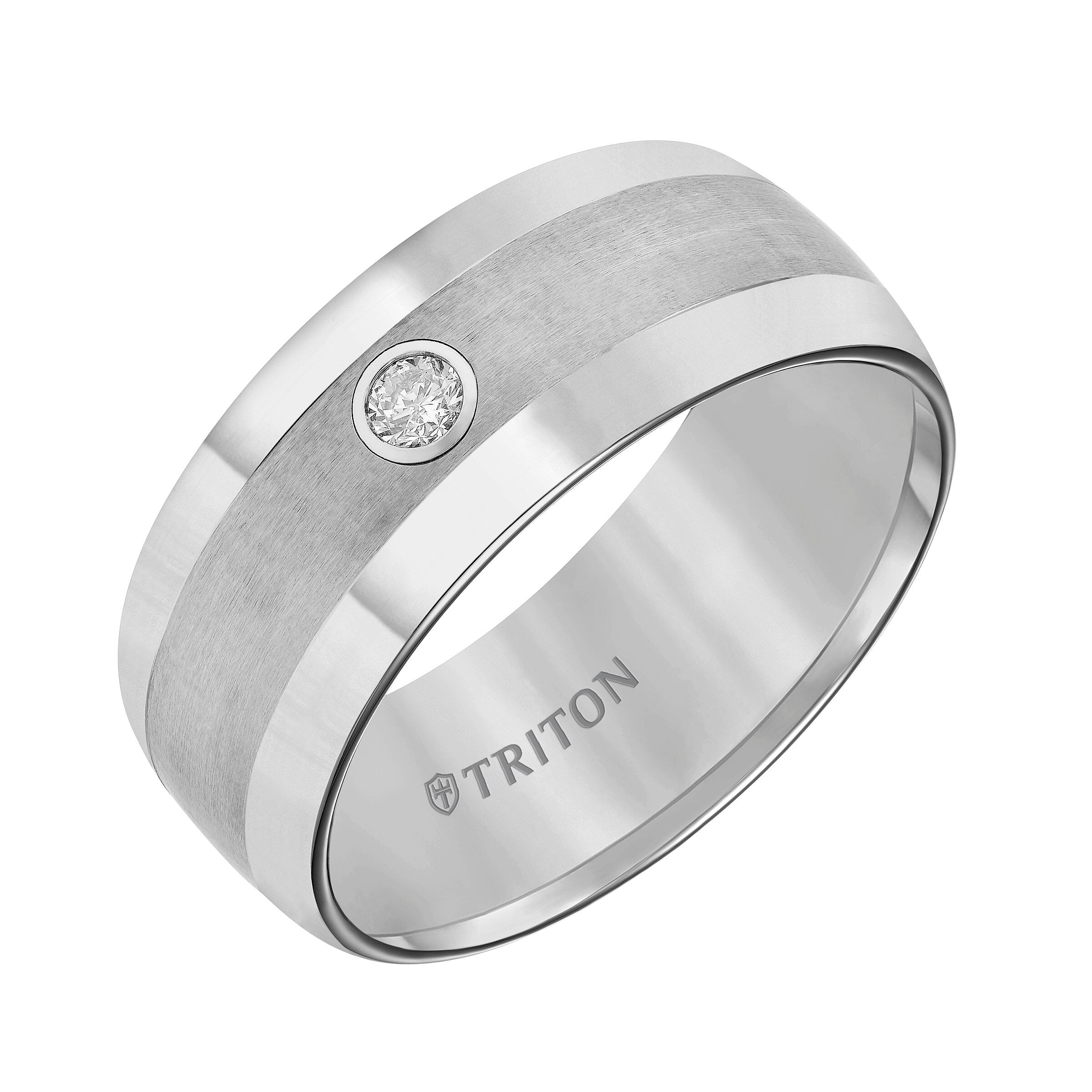 9MM Grey Tungsten Diamond Ring - Solitaire Domed Satin Center and Bevel Edge