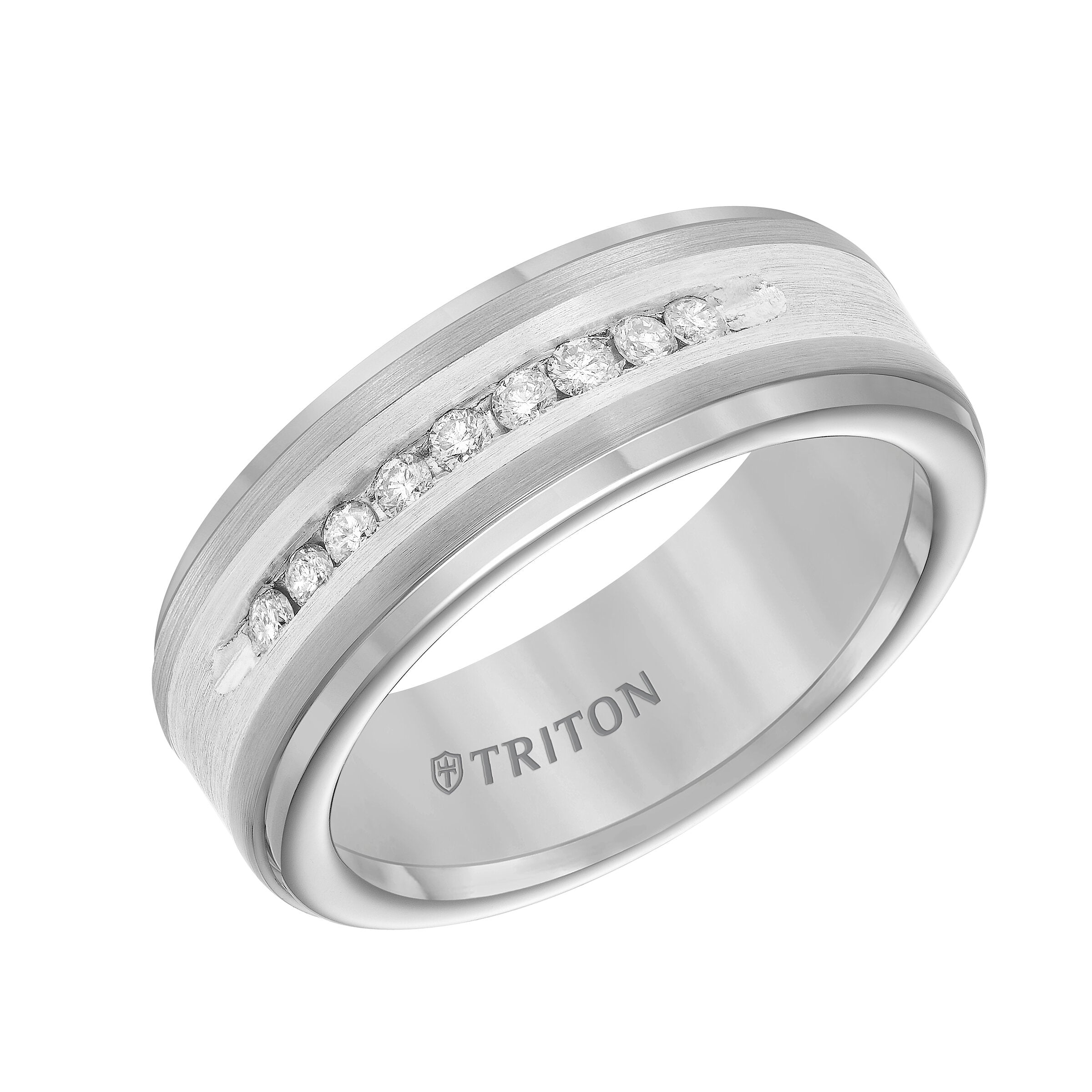 8MM White Tungsten Diamond Ring - Channel Set Silver Satin Finish and Step Edge