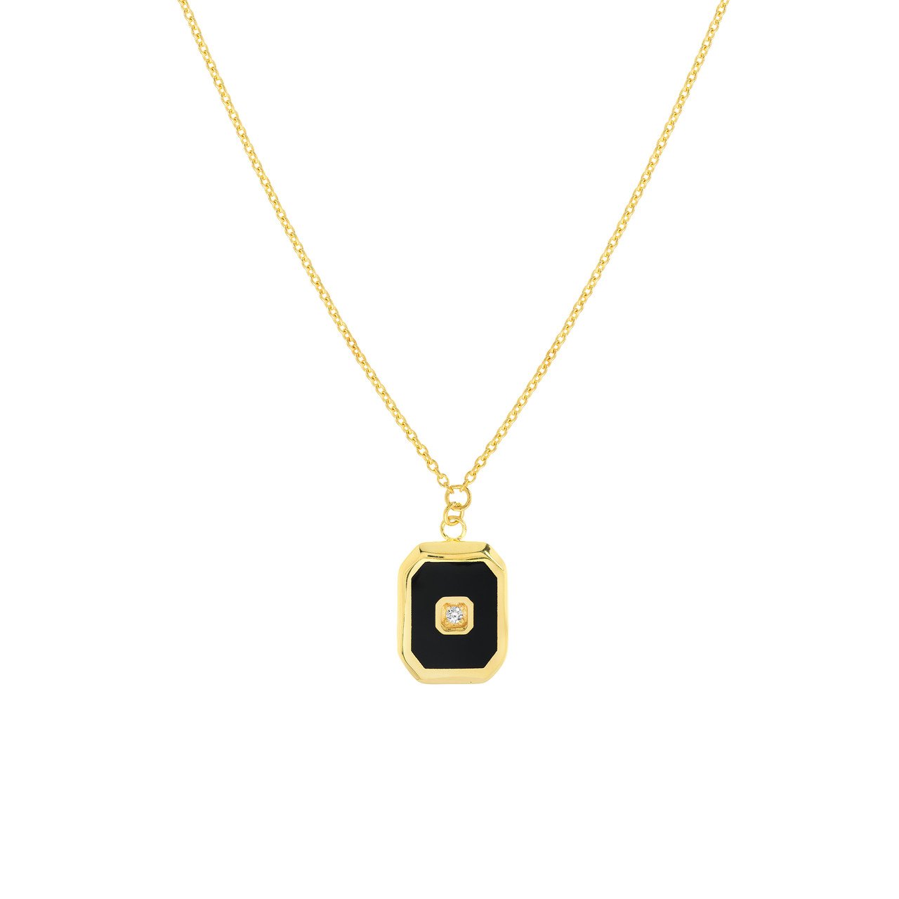 14K Yellow Gold Black Enamel Octagon Enamel Necklace