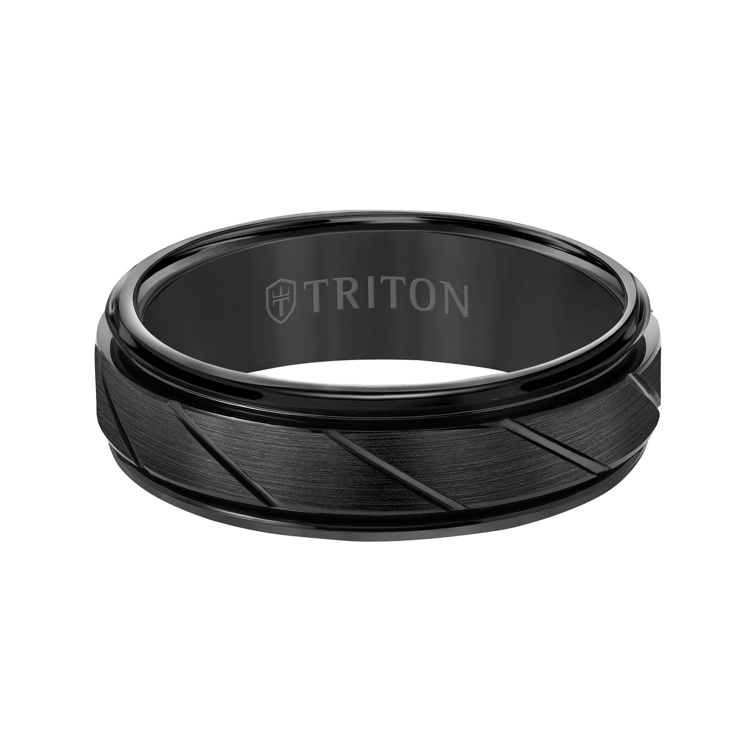 7MM Black Tungsten Carbide Ring - Diagonal Cut Center and Round Edge