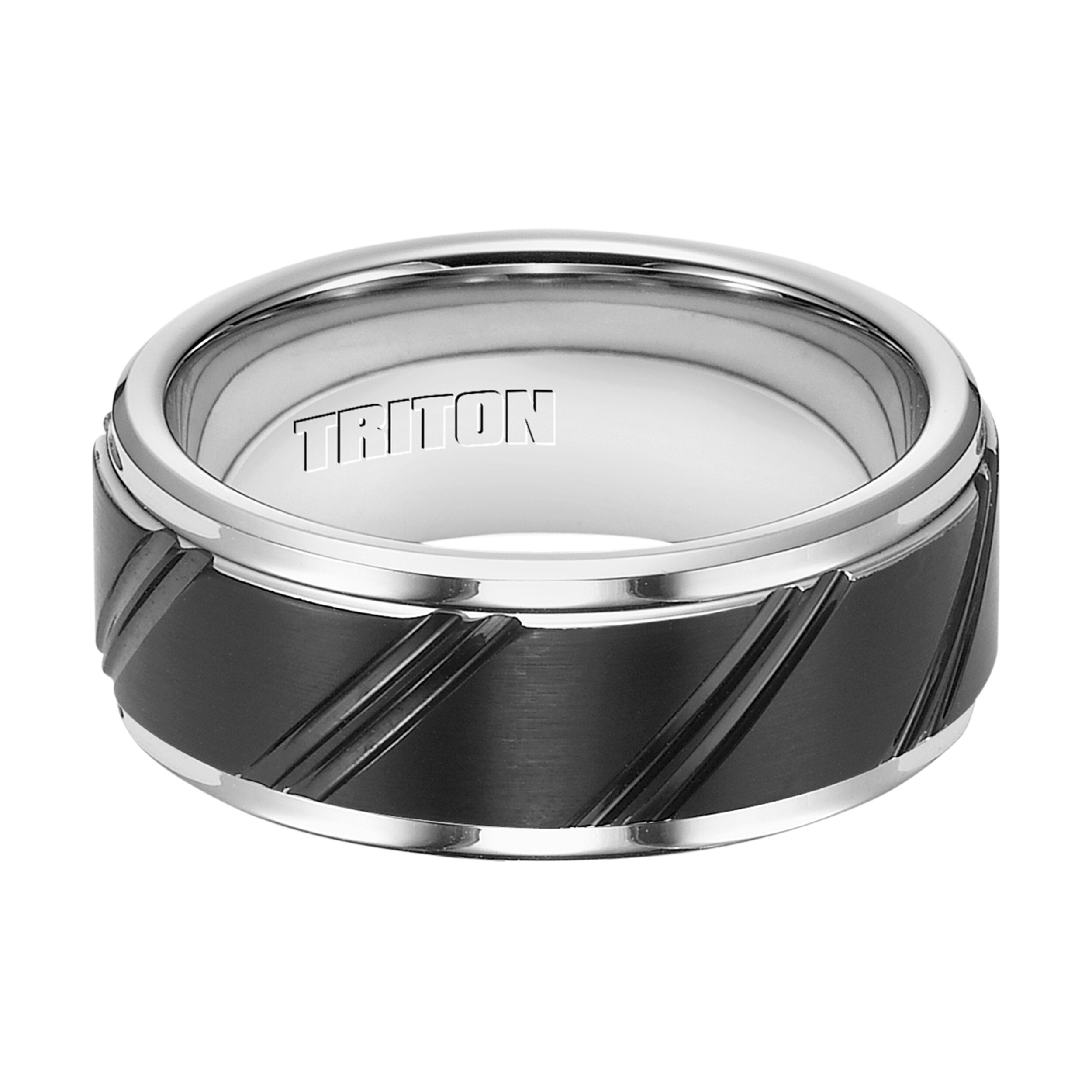 9MM Black Tungsten Carbide Ring - Diagonal Cut Center and Bevel Edge