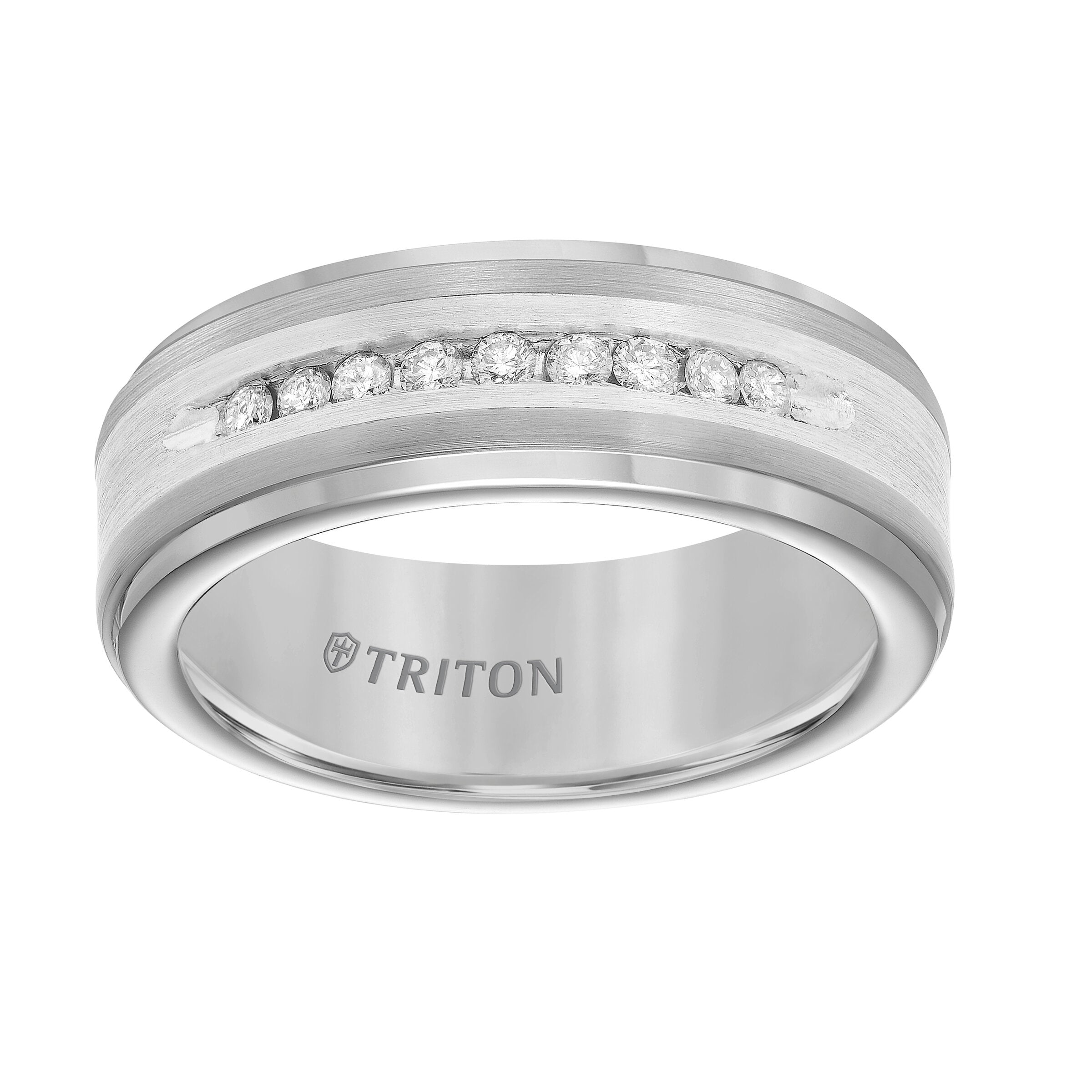 8MM White Tungsten Diamond Ring - Channel Set Silver Satin Finish and Step Edge