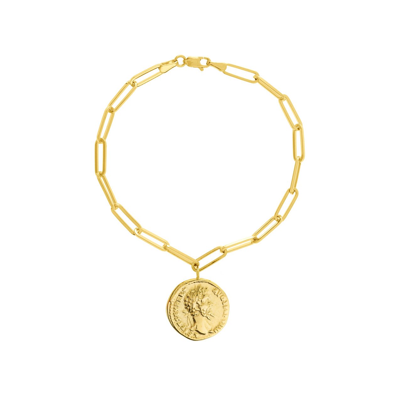 14K Yellow Gold Coin Bracelet on Paperclip Style Bracelet